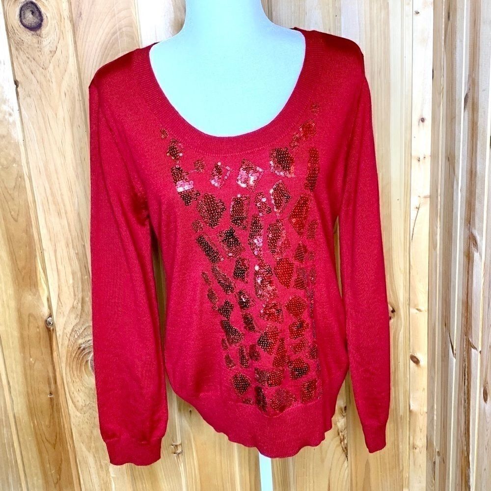 Calvin Klein red wool blend sweater with sequins L